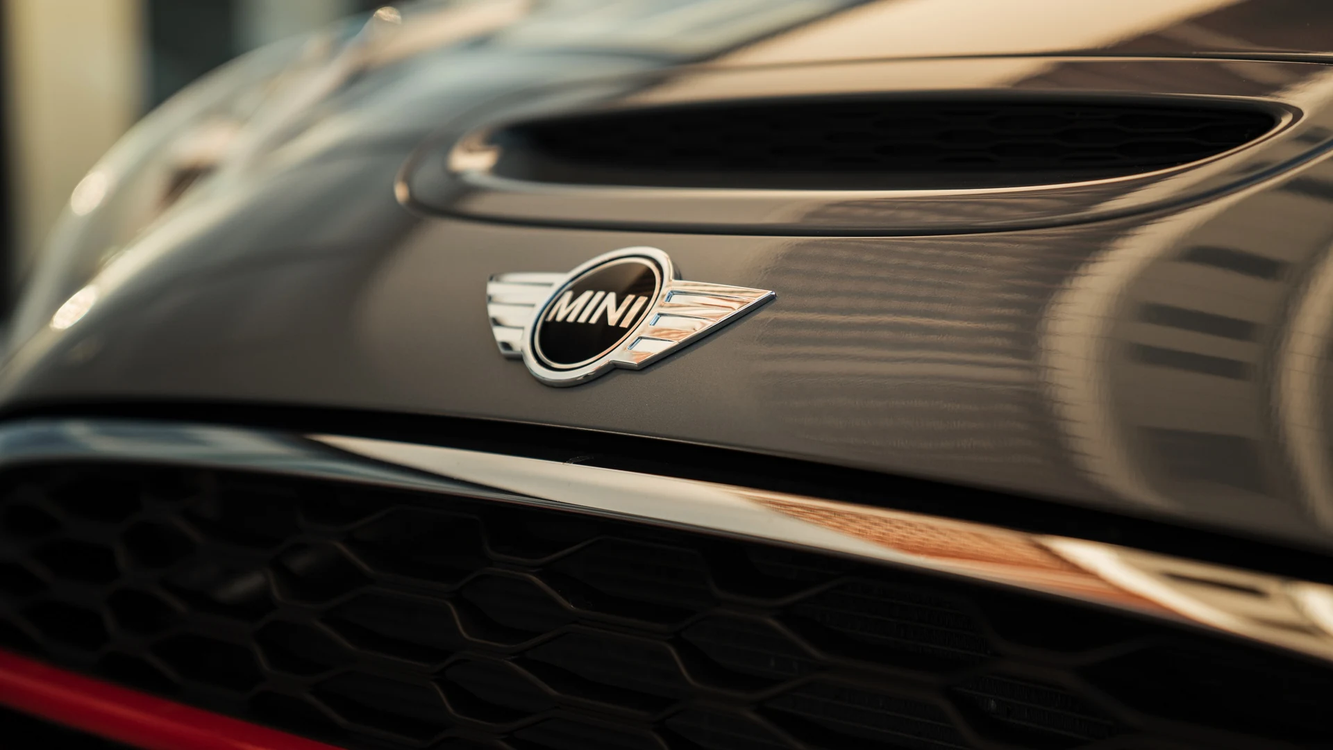 Mini John Cooper Works front Mini badge and bonnet detail. Car 78