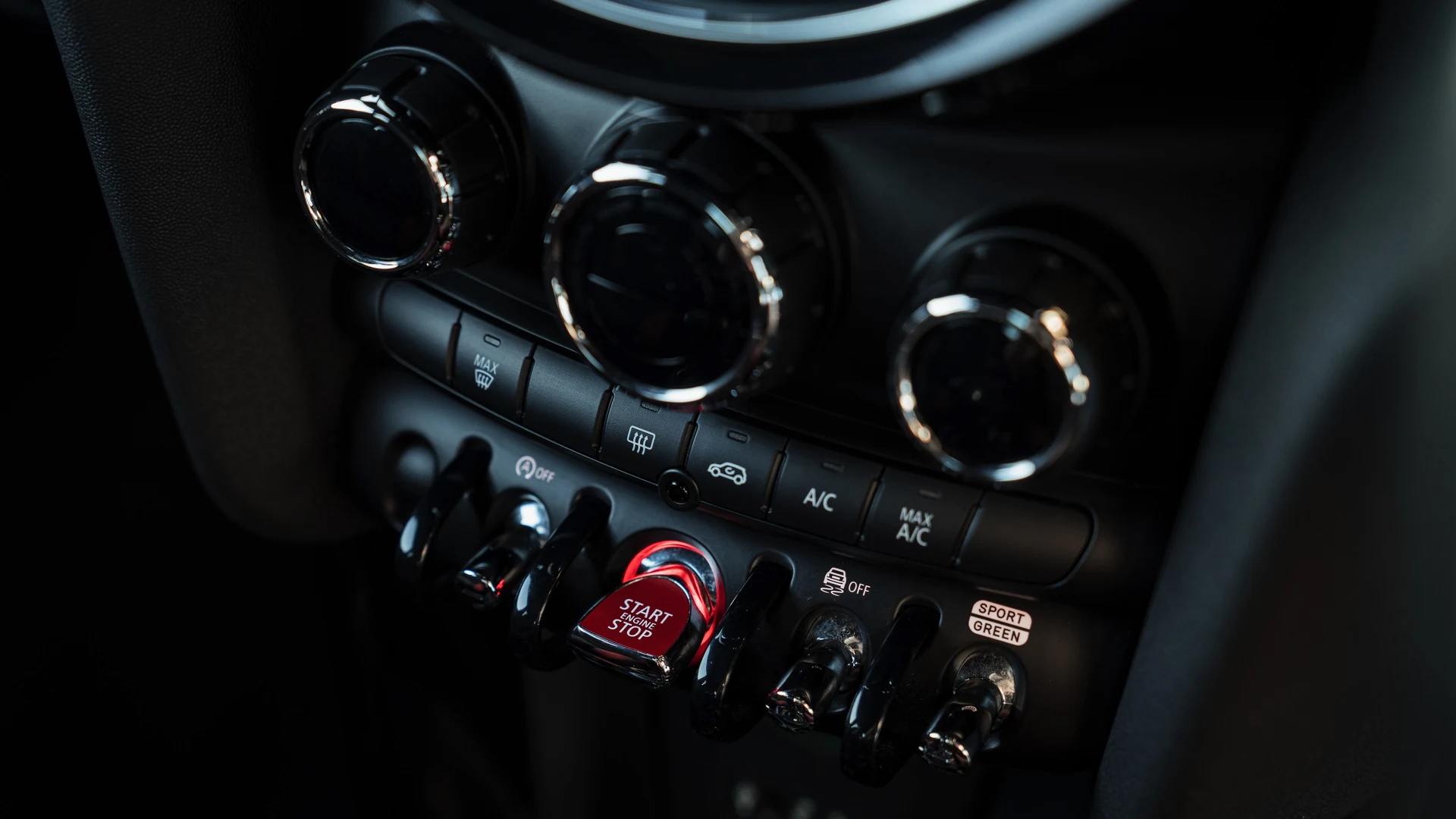 Mini John Cooper Works centre console, toggle switches and climate controls. Car 78