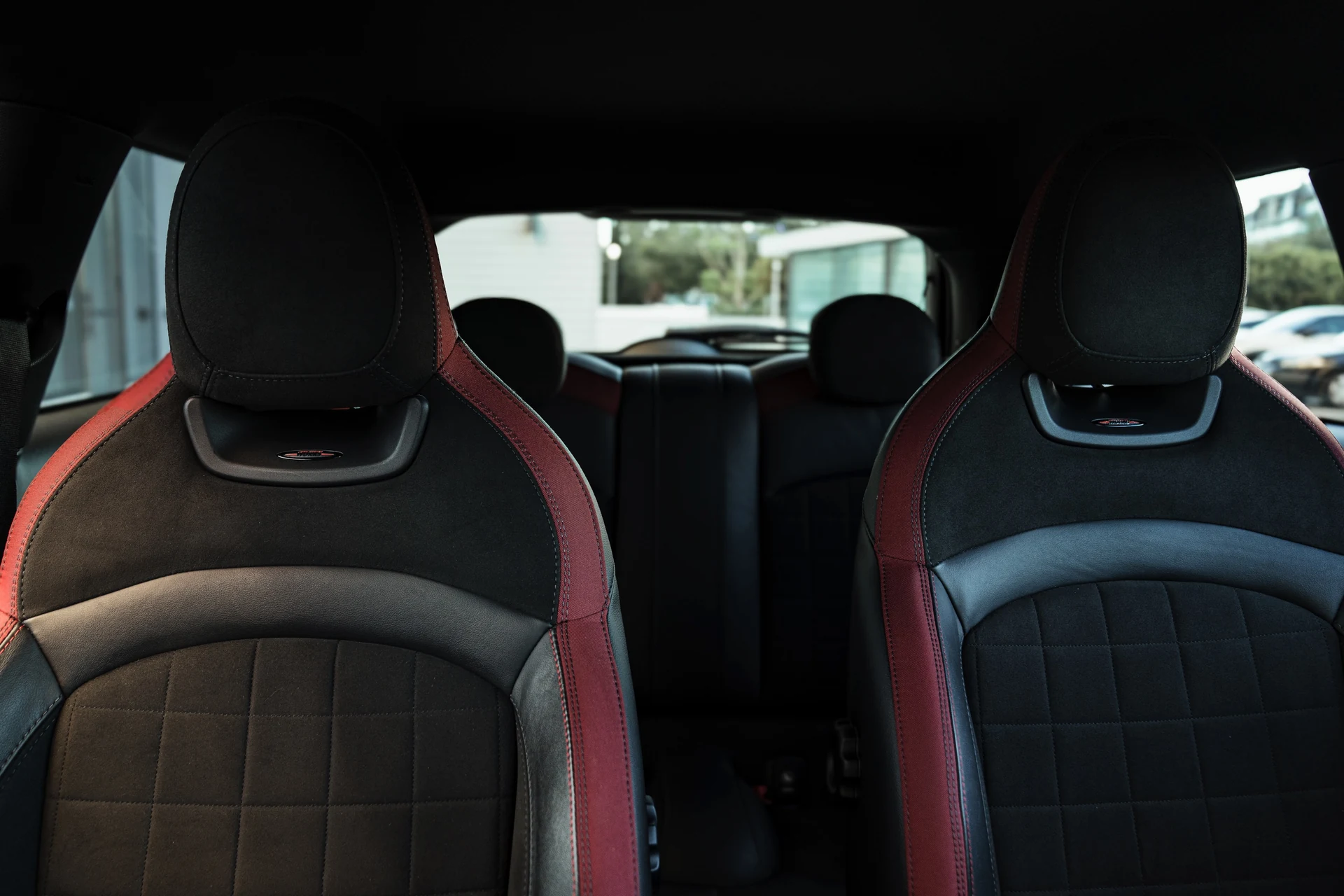 Mini John Cooper Works rear seats, red and black sports upholstery. Car 78