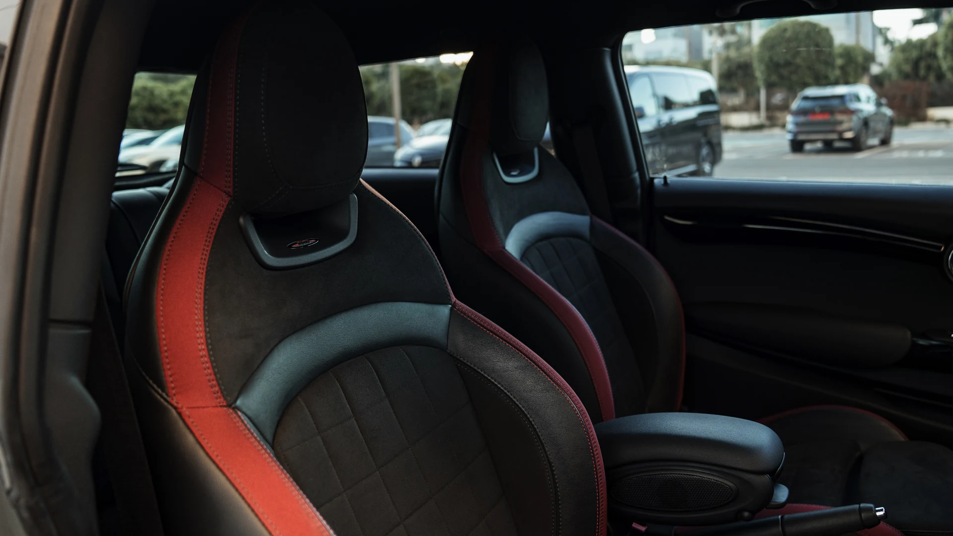 Mini John Cooper Works front sports seats, red and black upholstery. Car 78