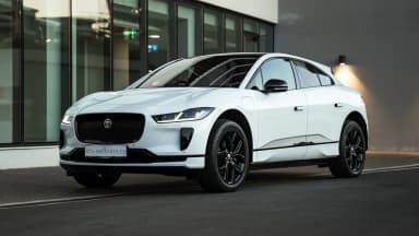 Front three-quarter exterior view of a white Jaguar I-Pace in Cyprus. Car 85