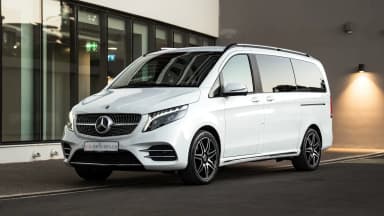 Front three-quarter exterior view of a white Mercedes-Benz V-Class in Cyprus. Car 84