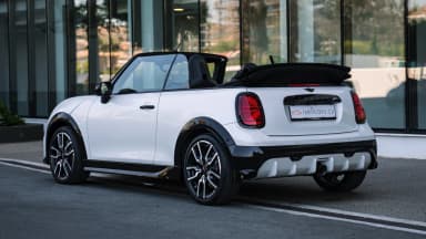 Rear three-quarter view, JCW twin centre exhaust and rear spoiler. Car 81