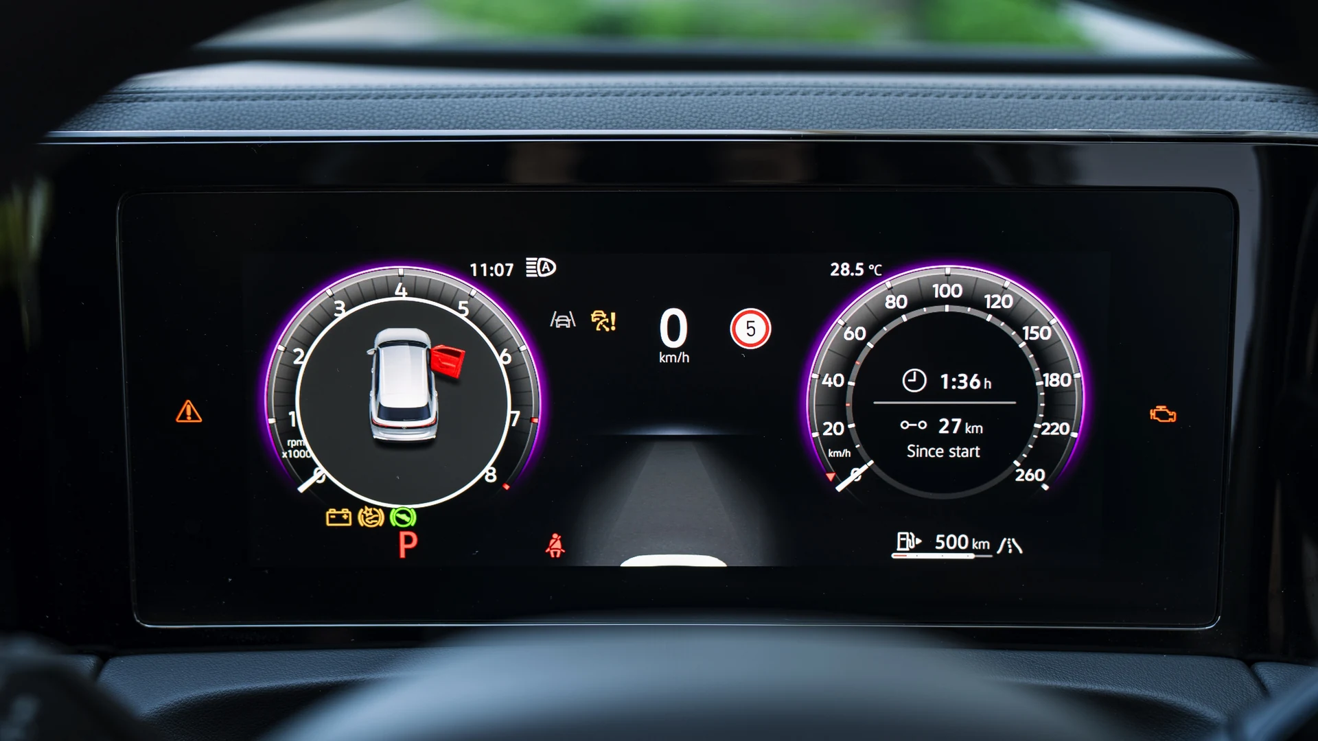 Digital cockpit close-up, speedometer and navigation. Car 82