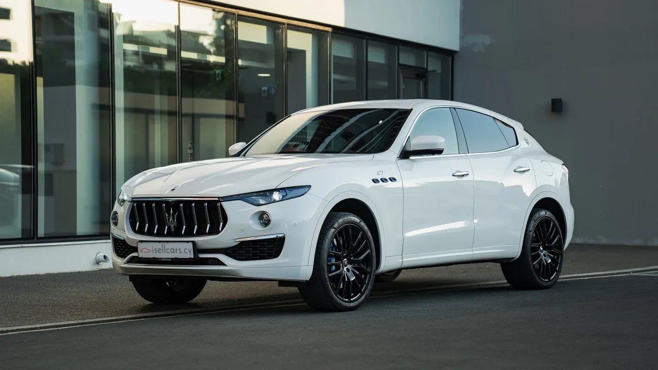 Front three-quarter view of a white 2023 Maserati Levante GT in Cyprus. Car 93