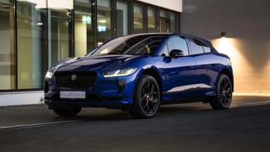 Front three-quarter view of a 2022 Jaguar I-Pace in Caesium Blue in Cyprus. Car 88
