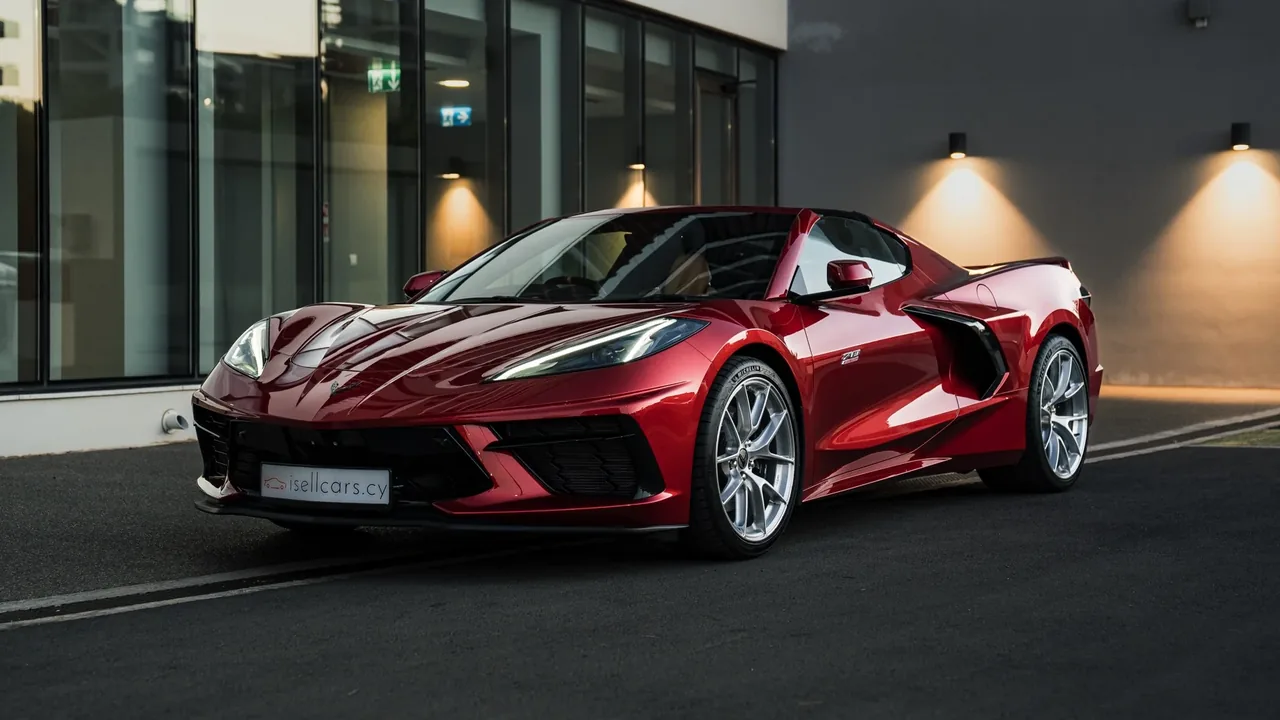Red Mist 2023 Chevrolet Corvette C8 Stingray Z51 70th Anniversary in Cyprus, front three-quarter view. Car 94